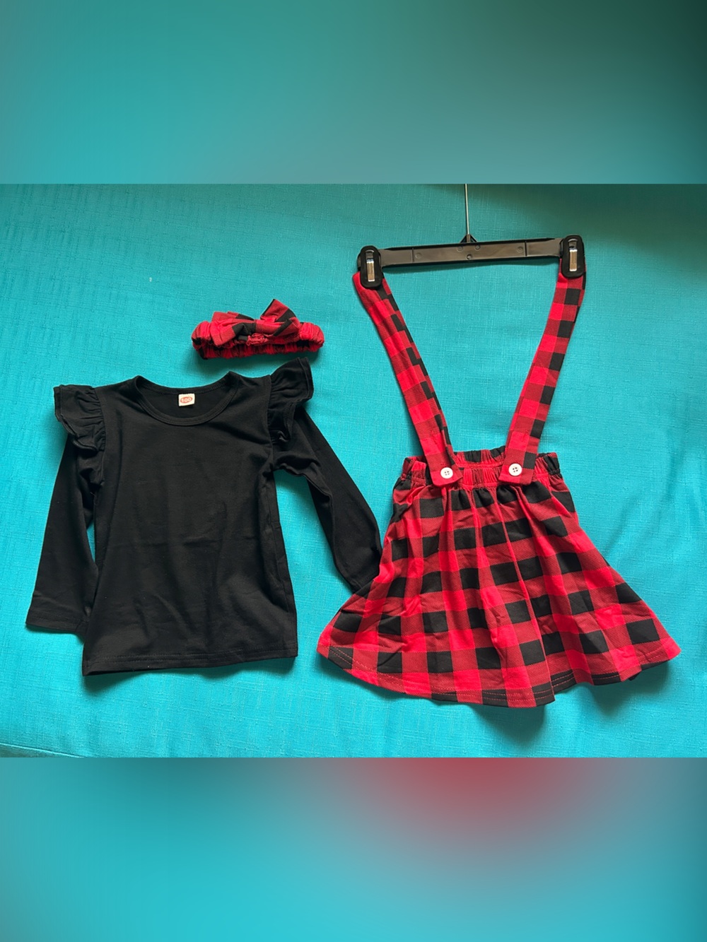 Girls Black Top with Red & Black Buffalo Plaid Suspender Skirt and Headband